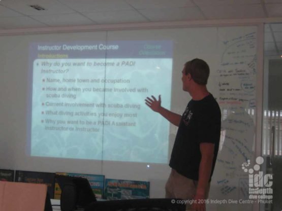 PADI Instructor Course candidate Tom giving his first IDC classroom presentation, and very well he did too!