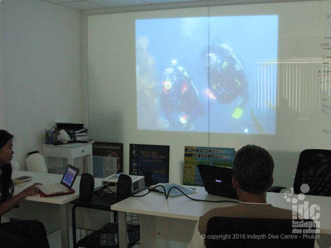 Indepth Dive Centre Phuket IDC Classroom complete with projector and glass wall