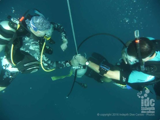 PADI Deep Specialty Instructor course divers on their simulated Emergency Deco Stop Phuket Thailand