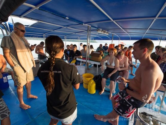 Phuket Dive Trip on Boat 1 enjoyinig a relaxed Dive Boat Briefing on Indepth Boat 1